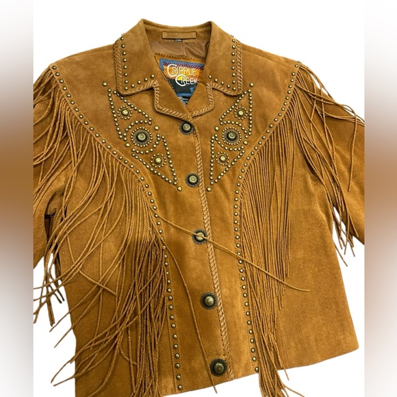 Vintage 90s Cripple Creek Suede Fringe Jacket Studded - Picture 3 of 7